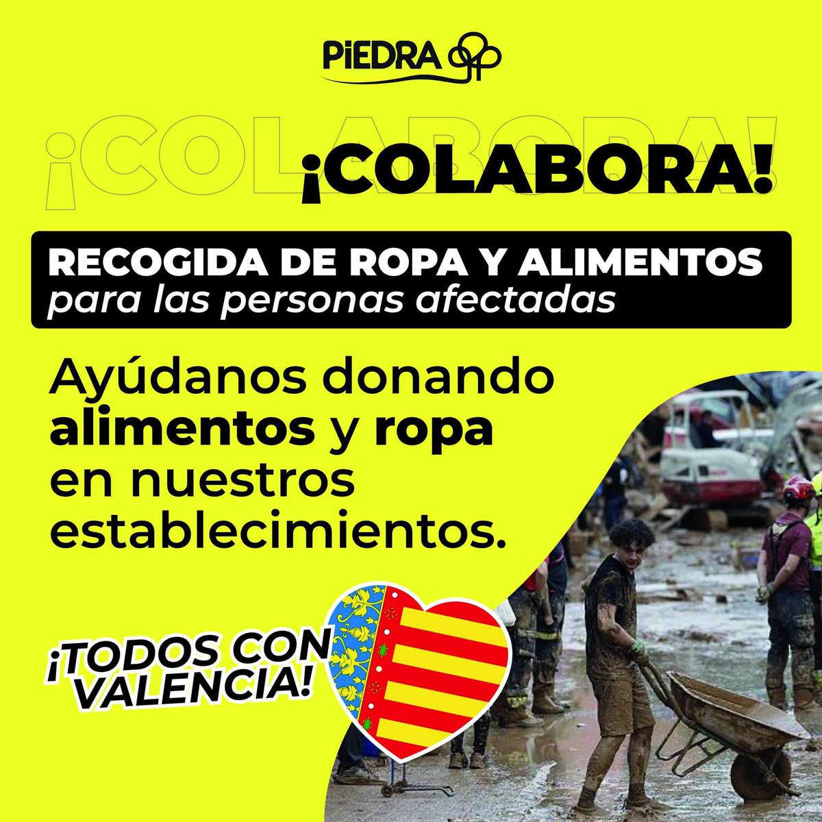 Piedra_Oficial's tweet photo. 🫶🏼Piedra se une a la solidaridad con los afectados por la #Dana

🫱🏻‍🫲🏼 Colabora con los damnificados y pásate por nuestras tiendas. Estamos recogiendo ropa y alimentos de primera necesidad. 
¡Juntos podemos hacer mucho ❤️! 
#valencia #Córdoba #solidaridad #SupermercadosPiedra https://t.co/8DLNKV4qgc