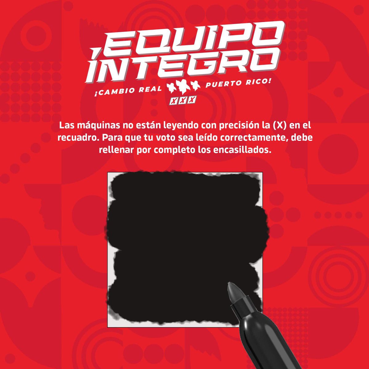 ppdpr's tweet photo. 🗳️ Las máquinas no están leyendo con precisión la (X) en el recuadro. Para que tu voto sea leído correctamente, debe rellenar por completo los encasillados.

¡Con tu voto, se puede! https://t.co/IUfN2DAgTc