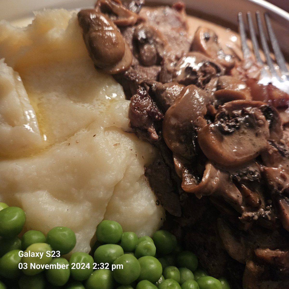 AwTroon's tweet photo. The steak was verging on a little too well done for me, but it was still pink, just. Beautifully tender for sirloin. Steak Diane, mash and peas. Pear, honey, and stem ginger crumble with custard. #ScotGrannyKitchens #Foodies #PearCrumble #SteakDiane https://t.co/j7WnfbDSMC