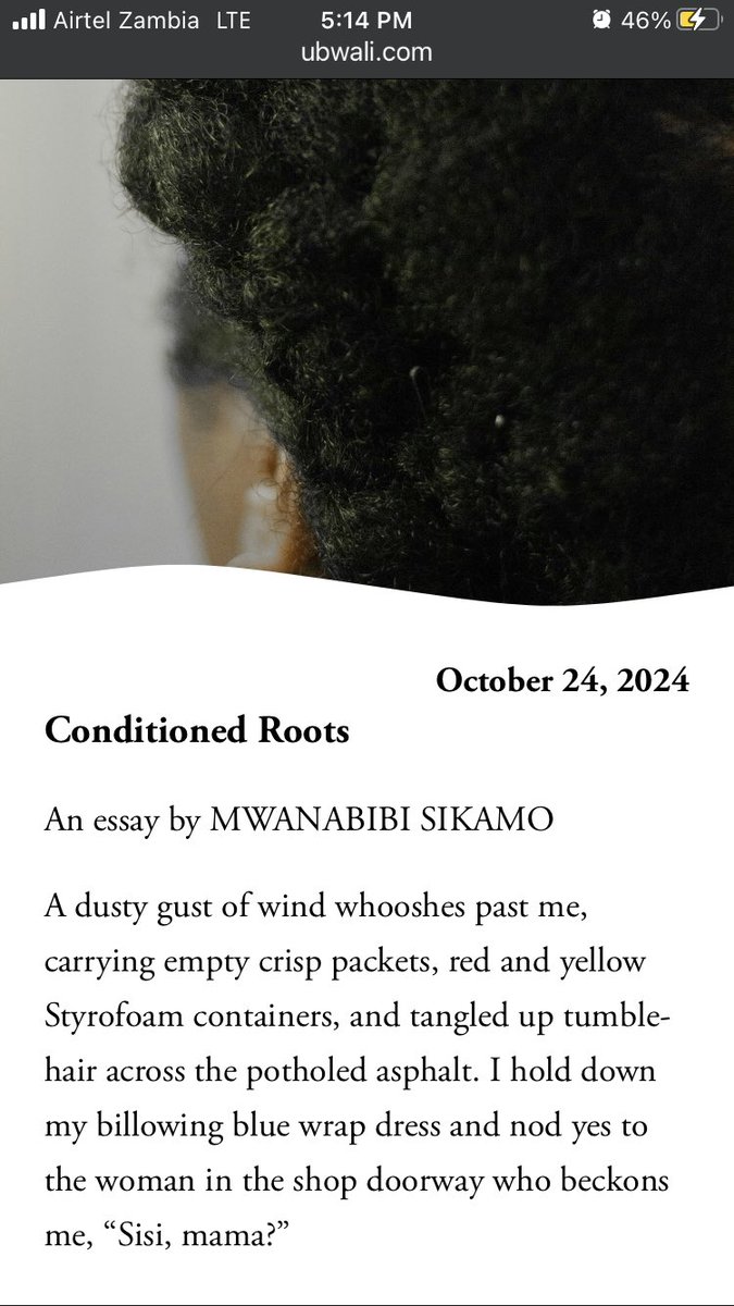Ruffled ego aside, I had lots of fun writing my essay “Conditioned Roots” for <a href="/UbwaliLitMag/">Ubwali Literary Magazine</a> current issue. 

It’s about hair, but also conservation and economics and of course the personal political. Read it free here ubwali.com/conditioned-ro…