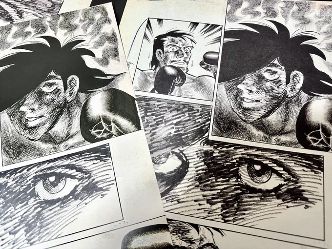 原寸サイズの『あしたのジョー』原稿緻密印刷物。左が100年保存原画集、右側が近年発行した復刊ドットコムの漫画原稿再生叢書。

写真だと分かりづらいですが、やはり近年出た物はより汚れやベタの色むらも拾ってます。 