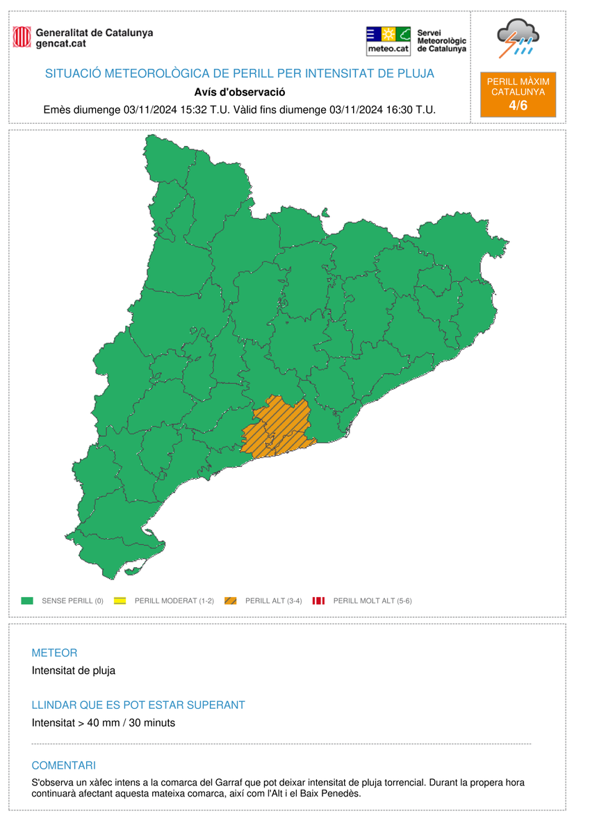 meteocat's tweet photo. ⚠ El Servei Meteorològic de Catalunya emet avís d'observació per intensitat de pluja (#avisosSMP) ⚠  
 
➡ Més de 40 mm en 30 minuts.
 
➡ Comarques: Garraf, Alt i Baix Penedès. https://t.co/yyimSktUET