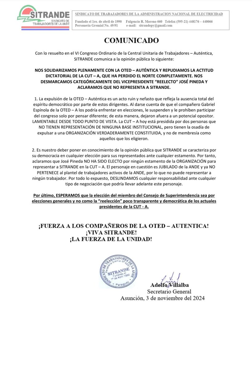 COMUNICADO DE SITRANDE CON RESPECTO A LA EXPULSIÓN DE LA OTED - AUTÉNTICA EN EL CONGRESO DE LA CUT - A <a href="/enriquegamarra/">Kike Gamarra</a> <a href="/AM_1080/">Monumental AM 1080</a> <a href="/1000_am/">Radio 1000 AM</a> <a href="/monicarecalded/">Monica Recalde</a>