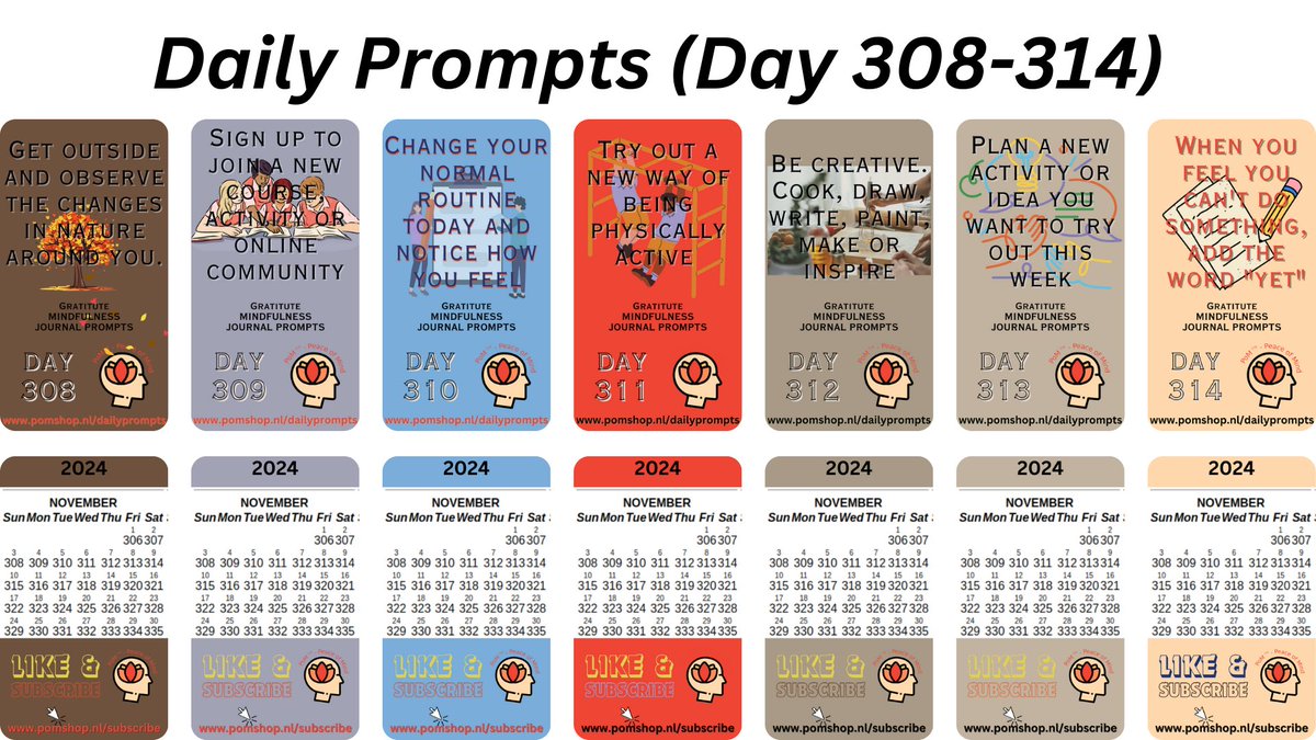 Daily prompts: Day 308-313 (Sun, 3rd-Sat, 9th Nov) Short vids of 10sec for free
pomshop.nl/dailyprompts
Journaling has a range of health benefits. Writing a few minutes a day may help u reduce stress, boost your well-being, and better understand ur needs. #journaling #prompts