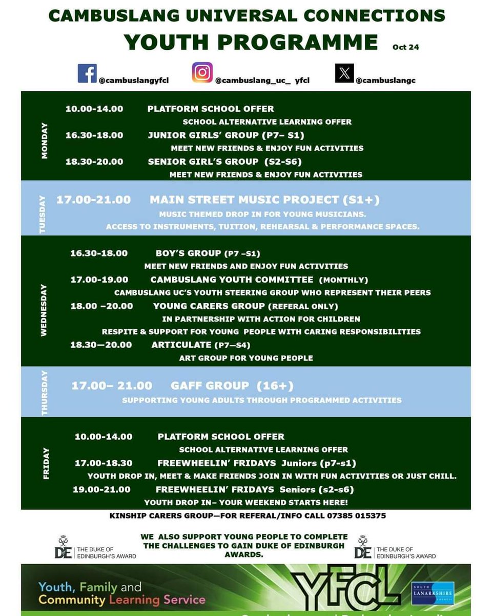Take a look at what we have happening this term!  Lots to get involved in and if you've never been along before, give us a call and arrange a visit to meet us and see the centre.

 #itsslc #becauseofcld #cambuslangfamilies #itsyfcl