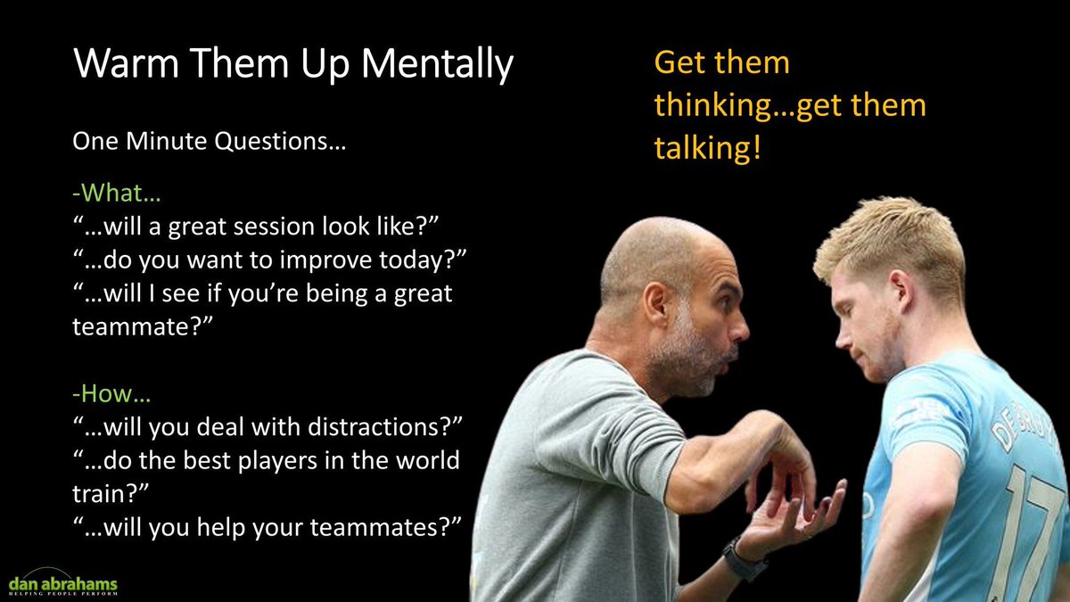 Coaches: warm players up mentally before or after you help them do a physical warm-up.

How?

Ask them questions...

You can make these questions super simple (what - see picture below)
You can make these questions a little more complicated (how - see picture below)

Then what?