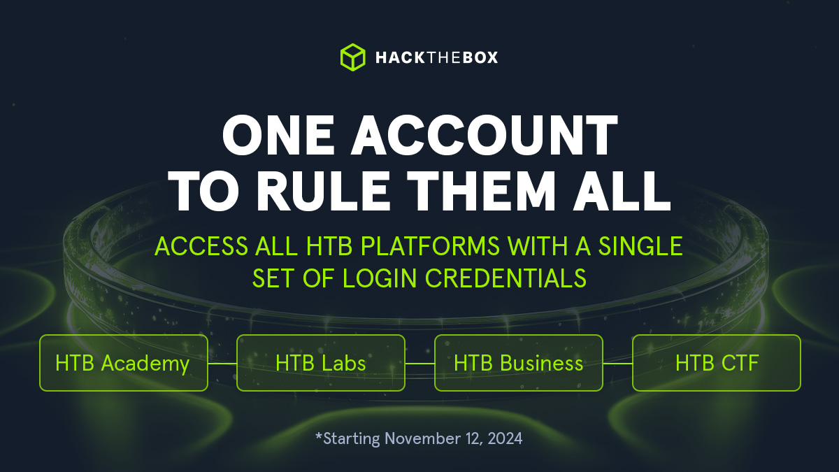 hackthebox_eu's tweet image. All for one ☝️
The #HTB Account is here to unify your login across all platforms for a streamlined experience! Make sure to connect your accounts until November 12th. Get all the details on our #blog: okt.to/UH7uvQ
#HackTheBox #HTBAcademy #HTBLabs #Cybersecurity