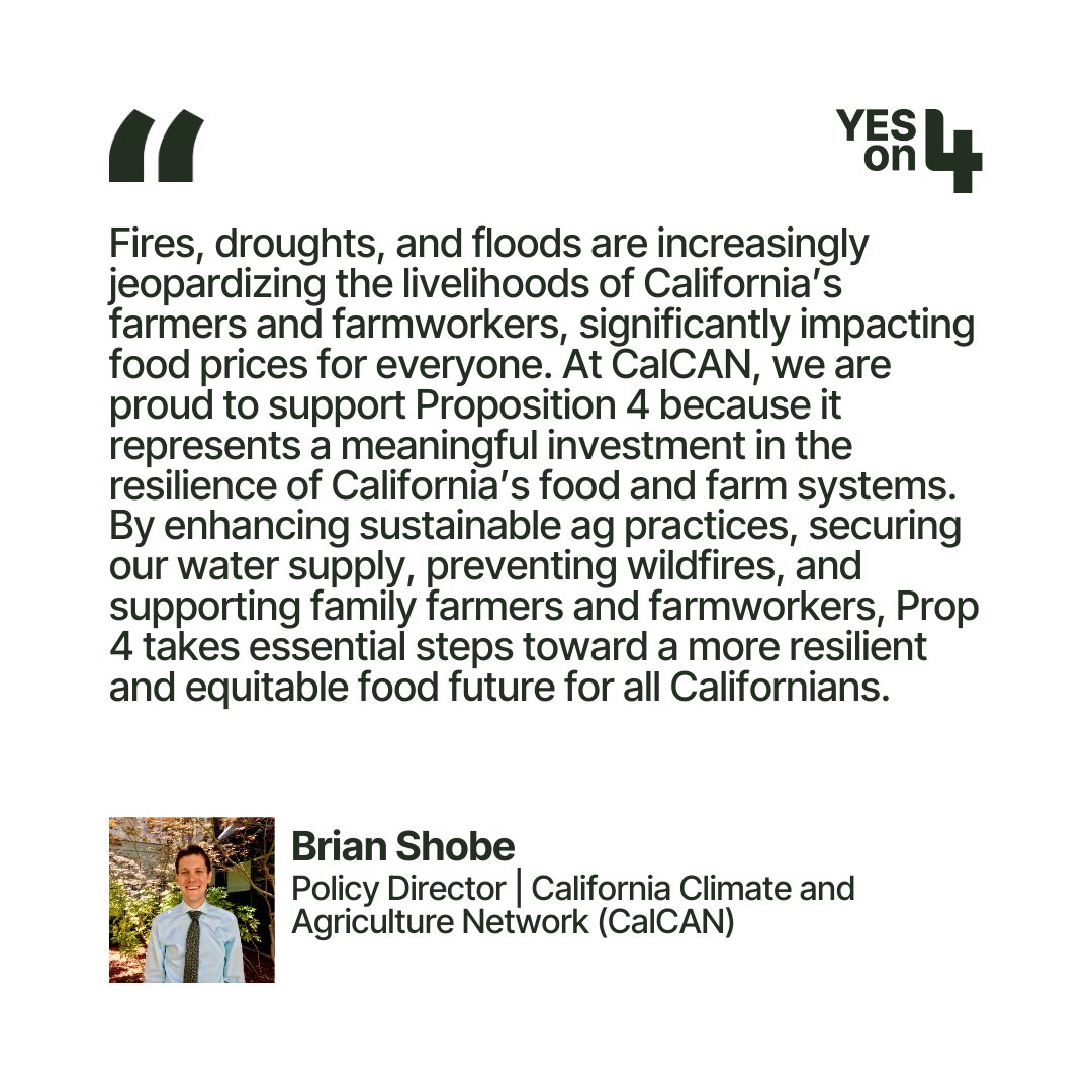 📣<a href="/calclimateag/">CalCAN - California Climate & Agriculture Network</a> says #YesonProp4 because it advances the climate resilience of California's farm and food systems by investing in sustainable agriculture!

Vote YES on prop 4! 🗳️