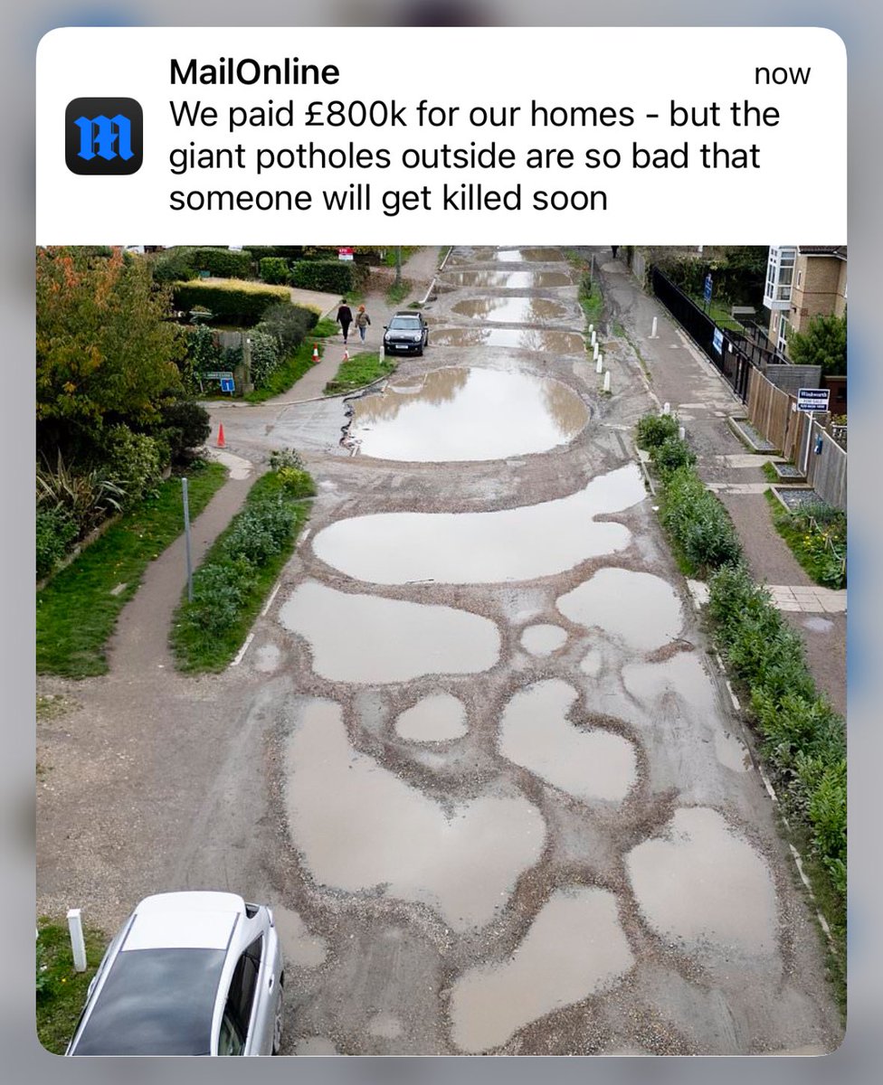 HrhNana's tweet photo. This is a picture taken in the UK!! After paying £800k for a property and ALL of the taxes associated with home ownership or even just living ie council tax etc (which is going to be increased thanks to Labour) The roads still look like this. UK needs a year of roads, Ghana style https://t.co/URFWNtZicl