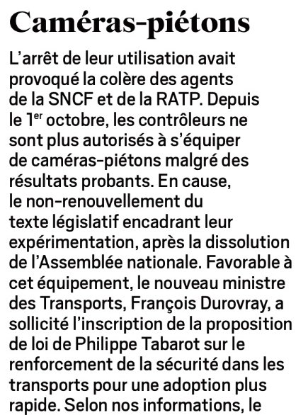 durovray's tweet image. ✅🗳️ Protéger ceux qui nous protègent.
Comme je m’y étais engagé, la proposition de loi de @PhilippeTabarot pour pérenniser les caméras piétons chez nos agents de #transport public et ferroviaire sera rapidement examinée à l’Assemblée : dès le 9 décembre. Une bonne nouvelle…