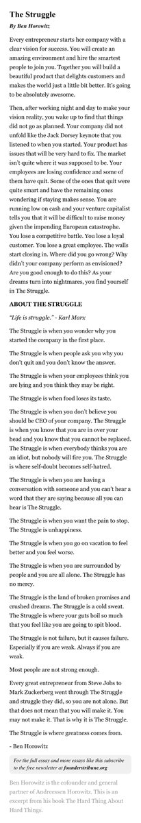 foundertribune's tweet photo. The Struggle by @bhorowitz https://t.co/cnH0fbF4hu