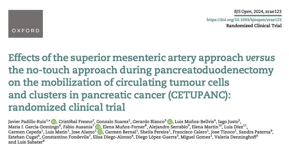 Gio_Marchegiani's tweet photo. 🚫 Don't touch that tumor! 🫳

SMA 🤜🤛 no-touch approach during pancreatoduodenectomy on the mobilization of circulating tumour cells in PDAC

🇪🇸 RCT same DFS but...

🧪 High intraop dissemination was a predictive factor for early metastases!

https://t.co/OxfJL4K8ms https://t.co/IbxLPz11Pw