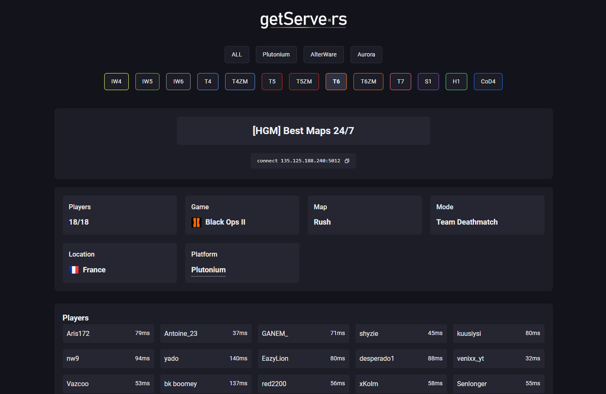 getServe_rs's tweet image. Released a rework of the getserve.rs server list.
CoD4 list is in an early stage and may or may not stay.