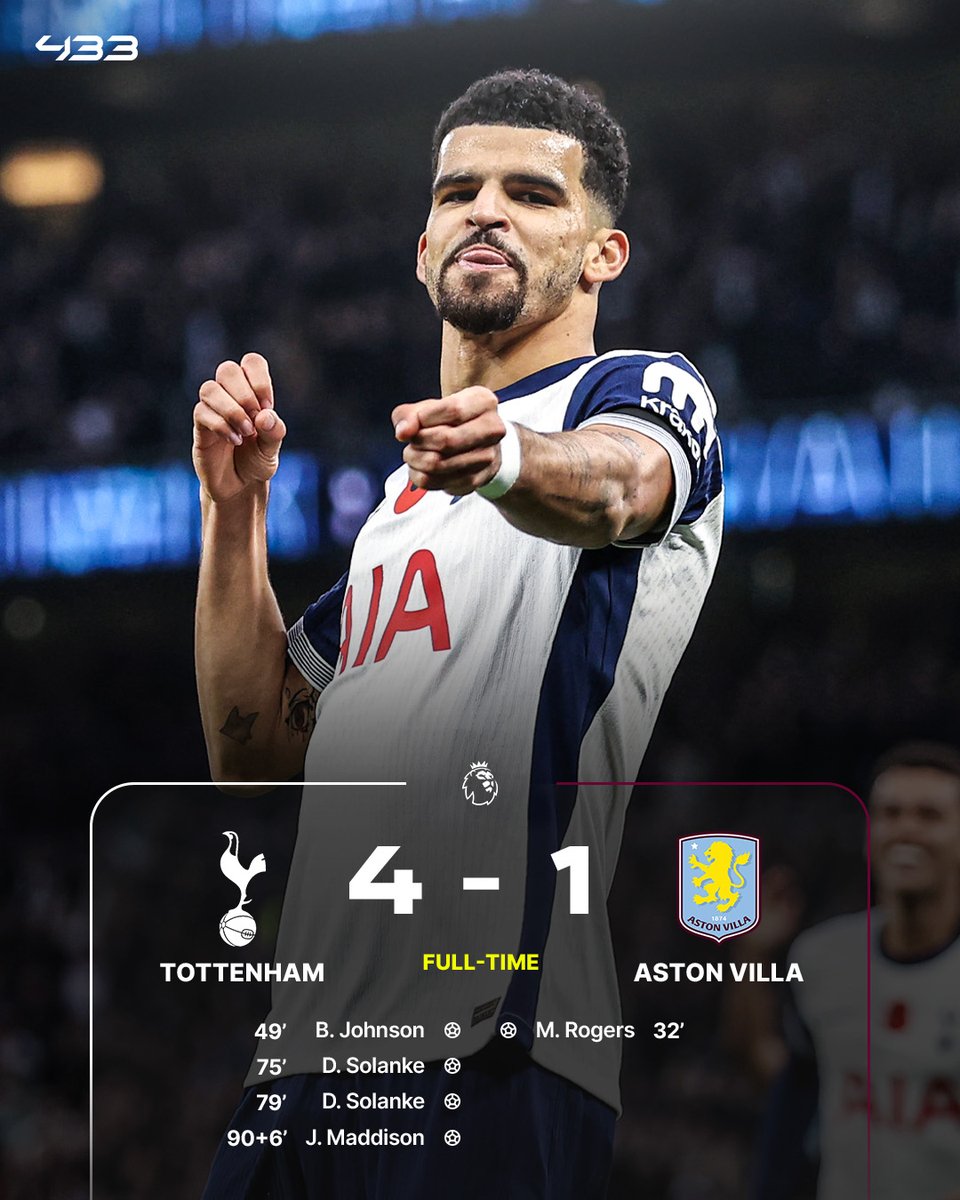 433's tweet photo. Spurs blow Villa away with a 𝙎𝙐𝙋𝙀𝙍𝘽 𝙎𝙀𝘾𝙊𝙉𝘿 𝙃𝘼𝙇𝙁 🌪️🏹 https://t.co/31QMxhUIne