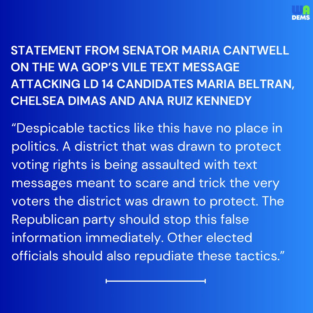 .<a href="/SenatorCantwell/">Sen. Maria Cantwell</a> is calling on WA Republicans to condemn these offensive and hateful attacks targeting Maria Beltran, Chelsea Dimas and Ana Ruiz Kennedy.

➡️Join Sen. Cantwell's call by signing our petition: bit.ly/WA14Petition

#waelex