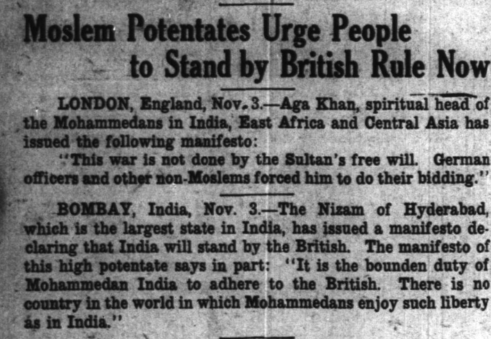 Hawaiian Gazette Nov 3 1914 Martial rule declared in Egypt
Corpus Christi Caller Nov 3 1914
Ottoman "Grand Vizir ... apologized ... for the Black Sea incidents warlike nature"
Honolulu Star-Bulletin Nov 3 1914
German officers and other non-Moslems forced Sultan to declare war