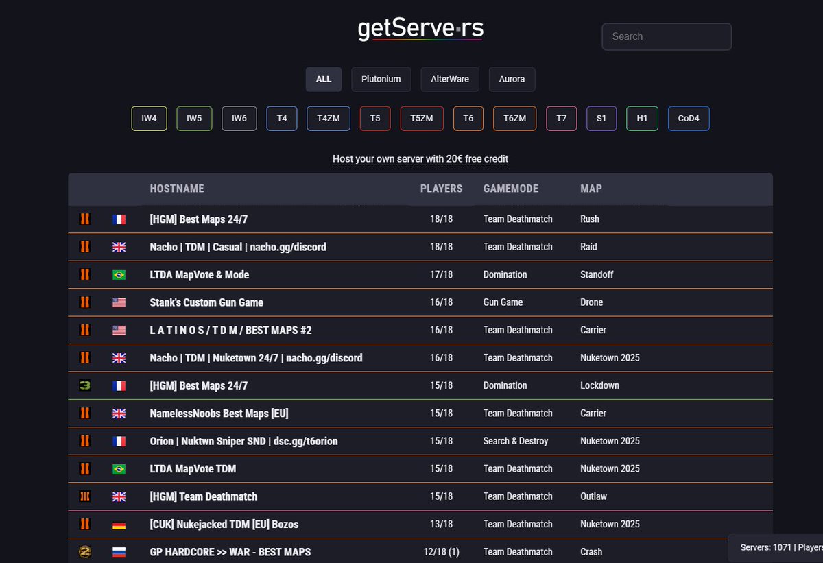 getServe_rs's tweet image. Released a rework of the getserve.rs server list.
CoD4 list is in an early stage and may or may not stay.