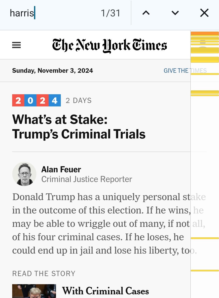 Brooklinevill's tweet photo. Sunday update.

Trump: 49  Harris: 31

(# of instances of the words "Trump" &amp; "Harris" on NYT homepage, 11/3 10a, Android/Chrome) https://t.co/6nrVTcHGef