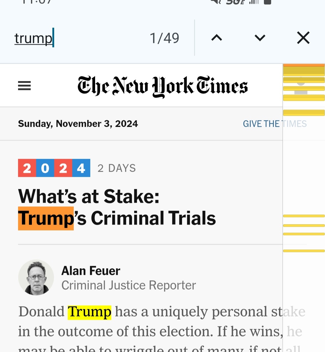Brooklinevill's tweet photo. Sunday update.

Trump: 49  Harris: 31

(# of instances of the words "Trump" &amp; "Harris" on NYT homepage, 11/3 10a, Android/Chrome) https://t.co/6nrVTcHGef