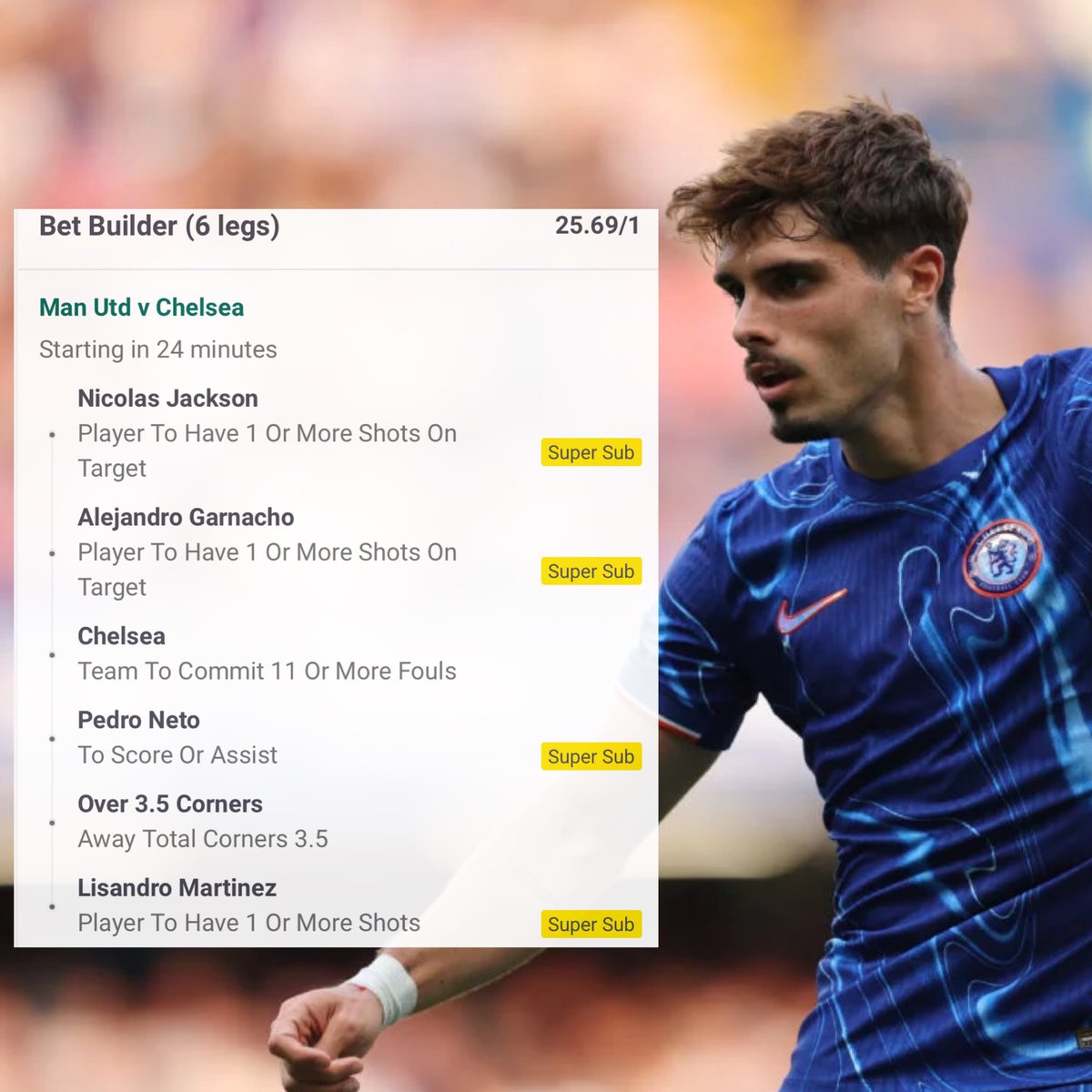 MAN U V CHELSEA BET BUILDER 👷‍♂️ 

ODDS🤑- 25.69/1

Like the look of Neto today been in good from lately but you can easily take him out and change him 👍🏻