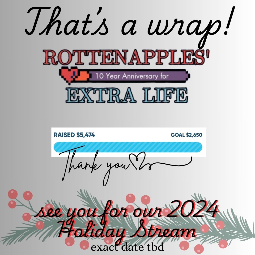RottenAppleVids's tweet photo. It's 10 am and we've cut the feed, 
$5474 was raised for sick kids in need.
So now it's time for our team to rest,
But before we go, know that you're the best.

Thank you for supporting @ExtraLife4Kids &amp; @LurieChildrens 

See you in December for our Holiday Stream! https://t.co/tzs6r5ILGc