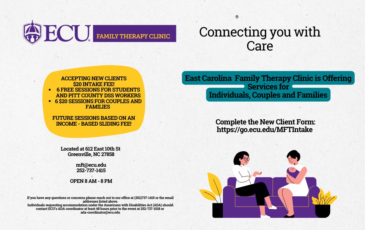 #ARRRGH Family Therapy Clinic is accepting new clients! 
Explore the Clinic ➡️ hhp.ecu.edu/hdfs/family-th…
Fill out the Intake form ➡️ go.ecu.edu/MFTIntake