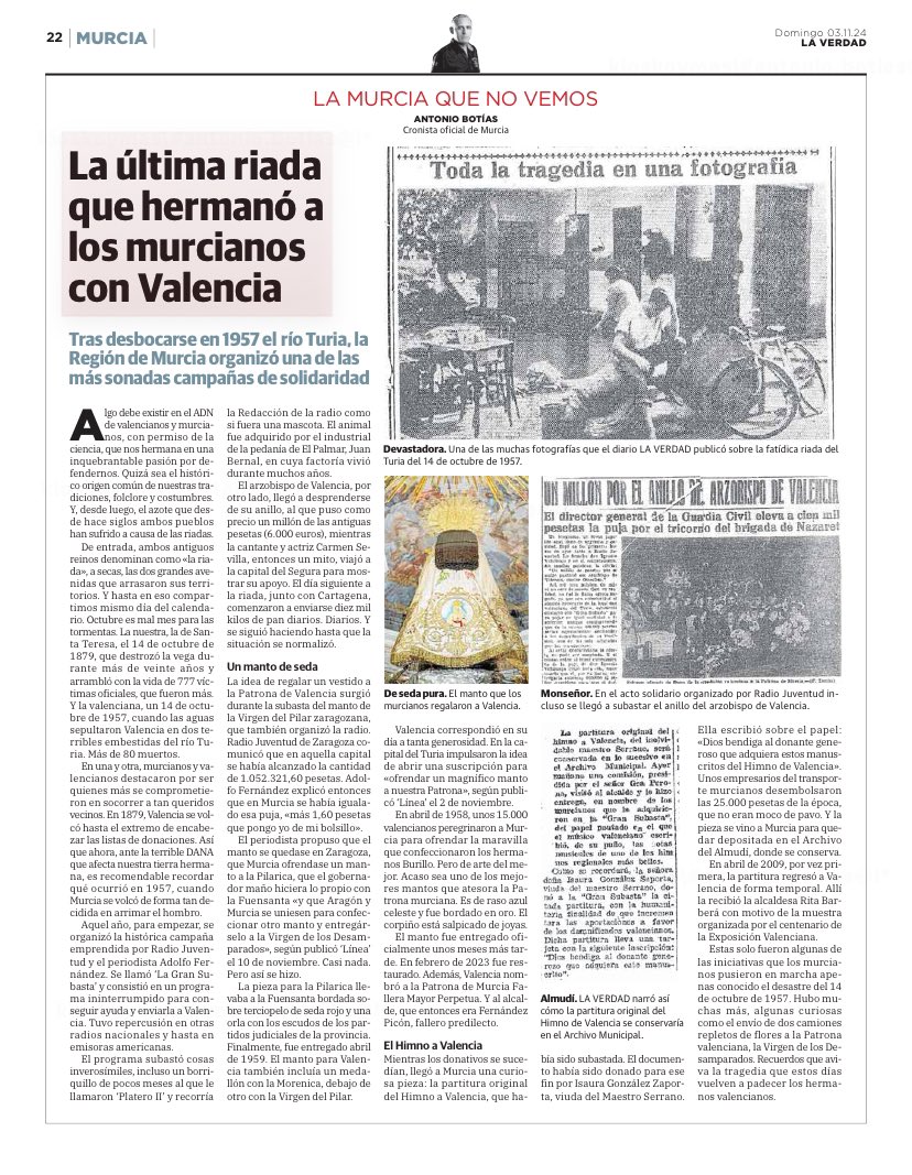 Algo debe existir en el ADN de valencianos y murcianos, con permiso de la ciencia, que nos hermana en una inquebrantable pasión por defendernos.  Aquí cuento la última trágica vez que nos unió en 1957. Hoy vemos algo mayor. Miles de murcianos arrimando el hombro. Ánimo Valencia!