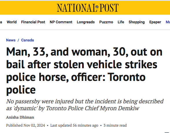 ryangerritsen's tweet photo. The 2 suspects involved in the Toronto Police chase which injured both an officer and a Police horse on Friday were released last night on bail. Our criminal justice system is a complete joke. Never forget, Tamara Lich was denied bail &amp; was in jail for weeks on a mischief charge https://t.co/wUgT6YeqZk