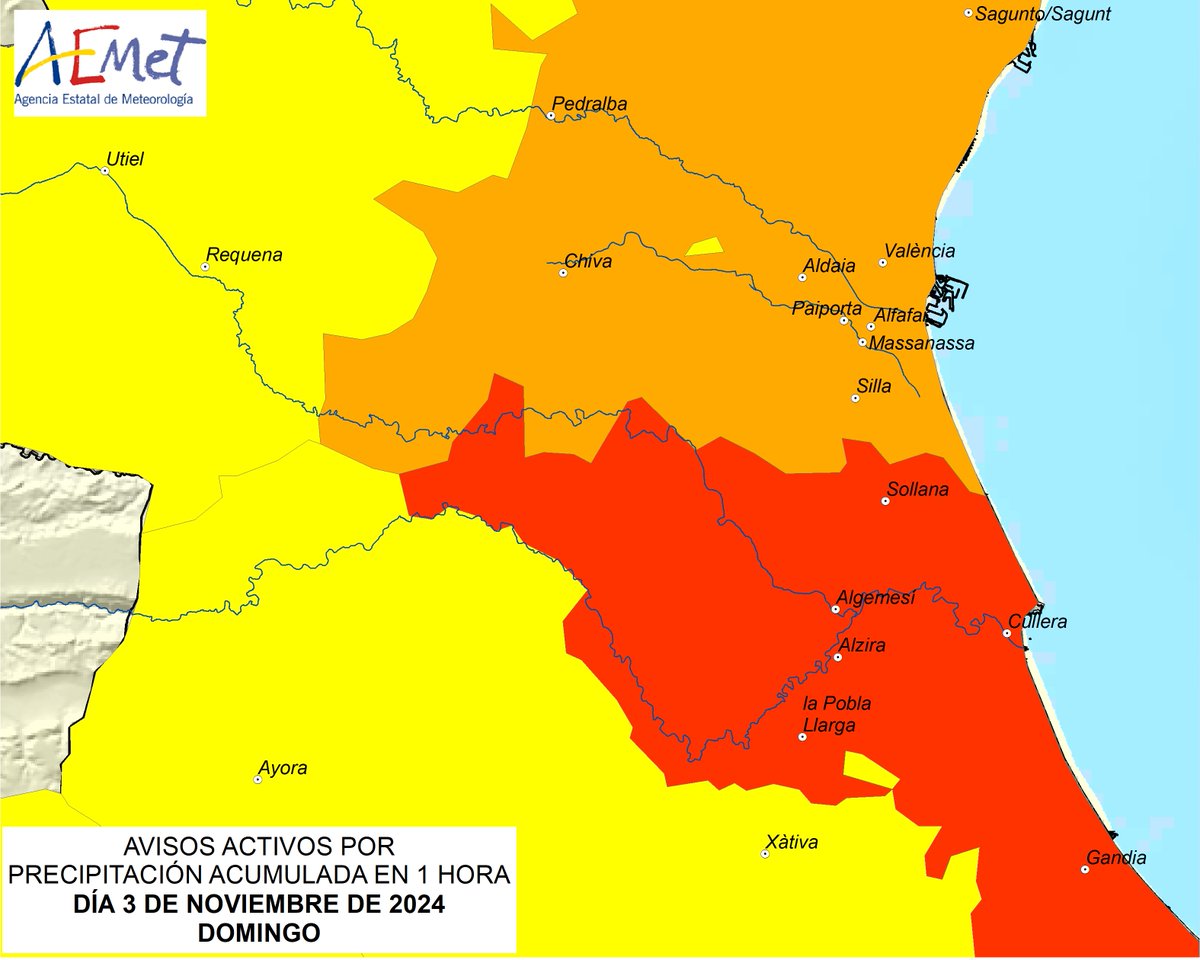 AEMET_CValencia's tweet image. Adjuntamos mapas de avisos vigente con los nombres de algunas localidades.