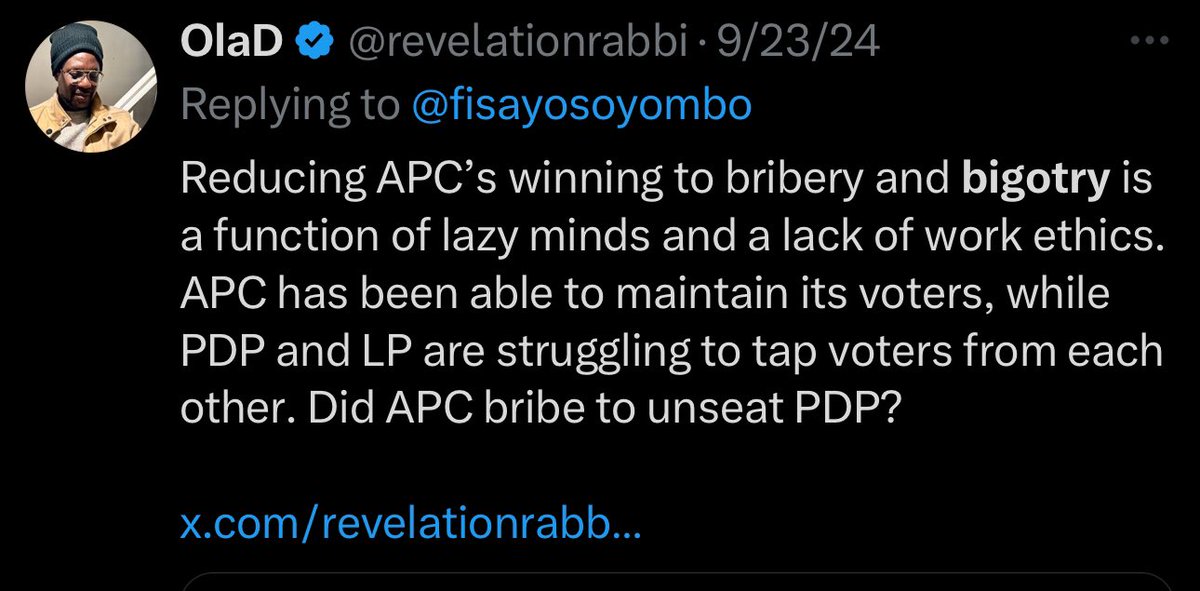 OlaAkilude's tweet photo. Attributing Peter Obi's electoral loss solely to ethnic bias, rather than acknowledging the short timeframe that limited his chance to change some people's perceptions, will make it harder for him to win over those accused of prejudice.

Why should I join you if I have to prove my loyalty three times over, just because you see me as an “Afonja,” a traitor?

Why should I join a group that already questions my sincerity before I even speak, because “Awolowo starved us during the civil war”?

Why should I join people who, if I express a different view, will say, “Of course, he’s Yoruba—I don’t know why they hate us”?