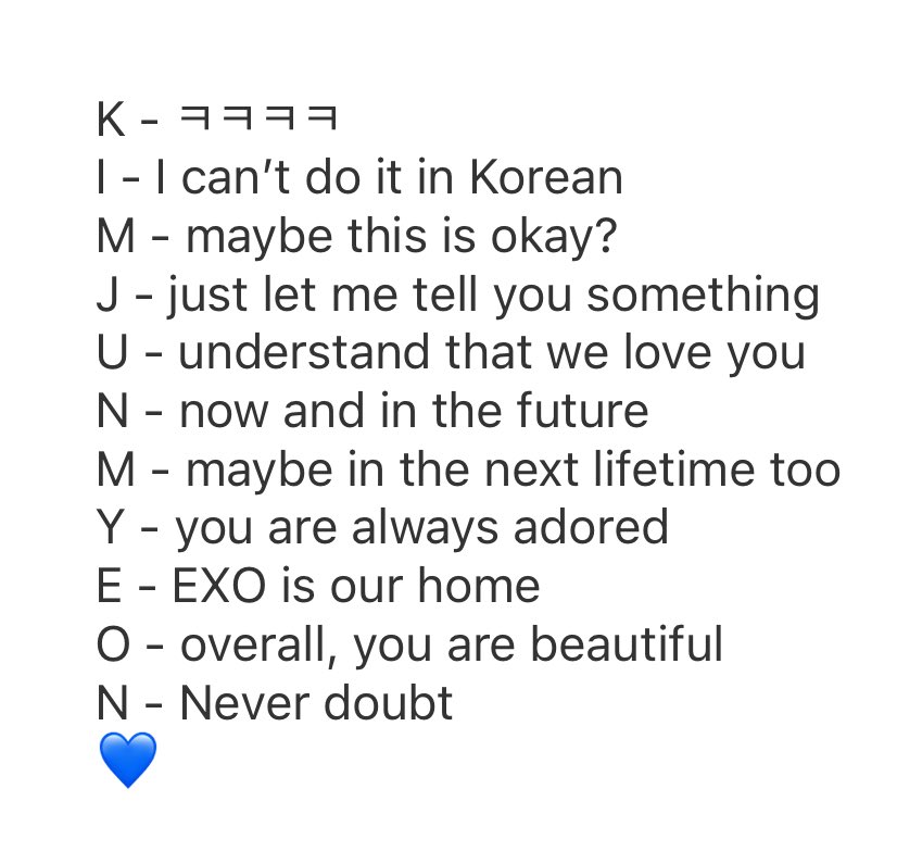 yu_myeon's tweet photo. After doing acrostic poems with EXO-L, he asked fans to do with “Kim Junmyeon”. The highest evaluated one that he replied is so cute 🥺 https://t.co/ysrzyCxQnJ