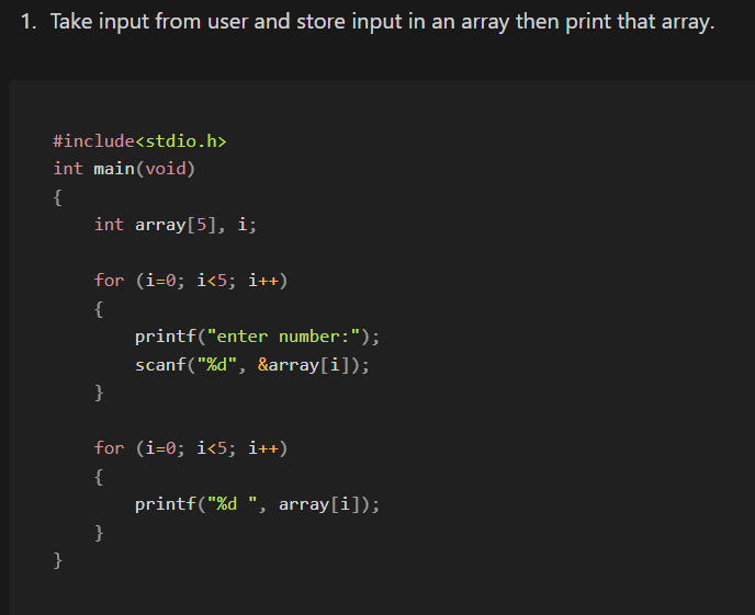 satyeks's tweet image. Array 1:
Take input from user and store input in an array then print that array.

#cprogram #array