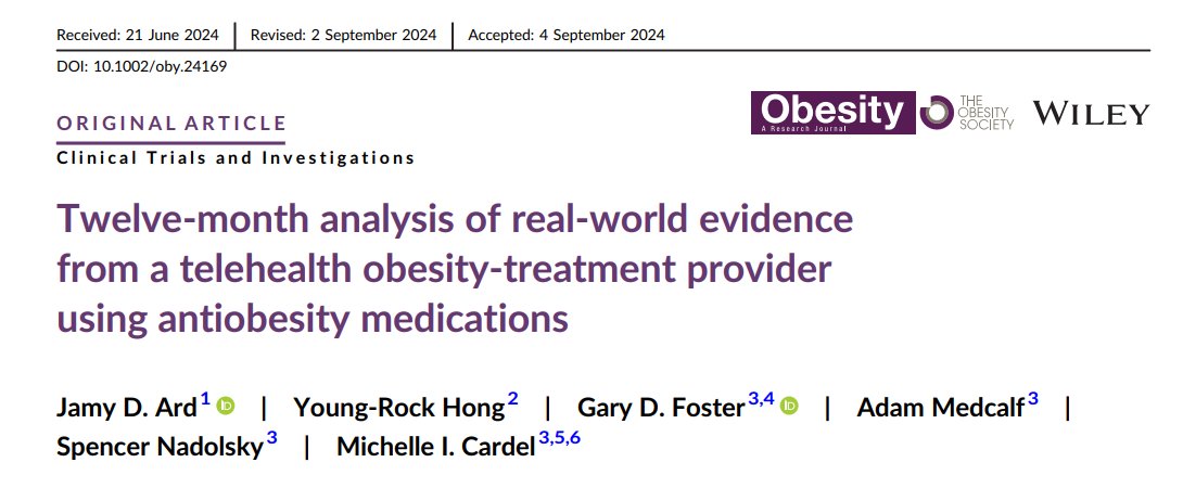 Our new publication, Twelve-month analysis of real-world evidence from a telehealth obesity-treatment provider using antiobesity medications, is out in the journal @Obesitysociety. A thread 👇🏾