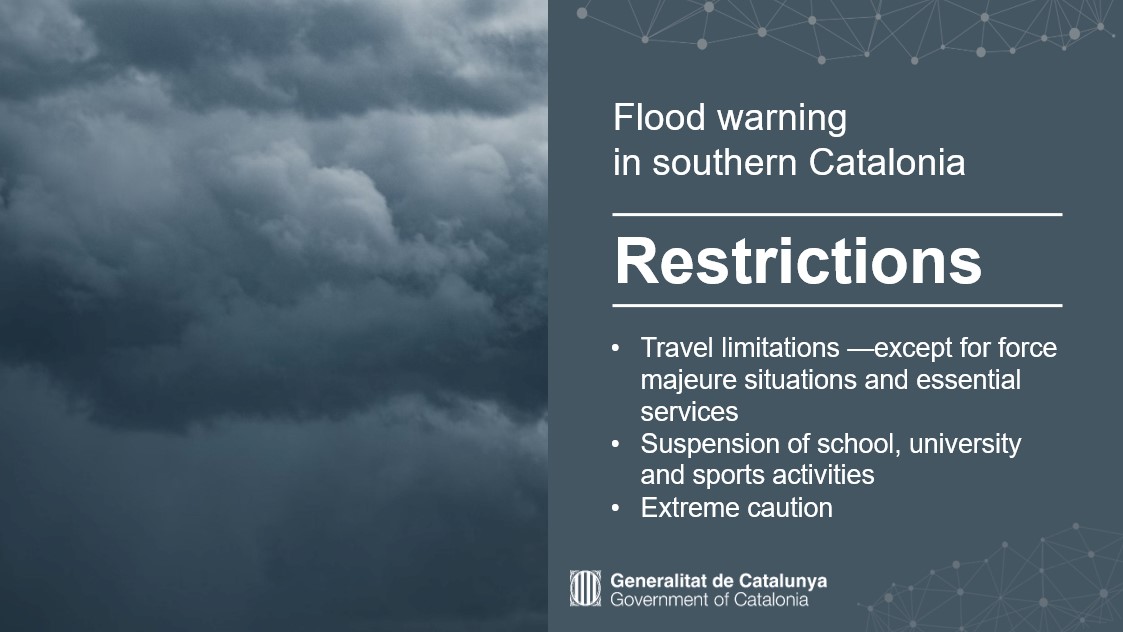 Unió Europea i Acció Exterior (@exteriorscat) on Twitter photo ☔️ Flood warning in southern Catalonia
🔴 Updated advice from <a href="/emergenciescat/">Protecció civil</a>
Areas affected:
🔹 Montsià
🔹 Baix Ebre
🔹 Terra Alta
🔹 Ribera d'Ebre
🔹 Tarragonès
🔹 Priorat
🔹 Baix Camp
🔹 Alt Camp
🔹 Baix Penedès ☔️ Flood warning in southern Catalonia
🔴 Updated advice from <a href="/emergenciescat/">Protecció civil</a>
Areas affected:
🔹 Montsià
🔹 Baix Ebre
🔹 Terra Alta
🔹 Ribera d'Ebre
🔹 Tarragonès
🔹 Priorat
🔹 Baix Camp
🔹 Alt Camp
🔹 Baix Penedès