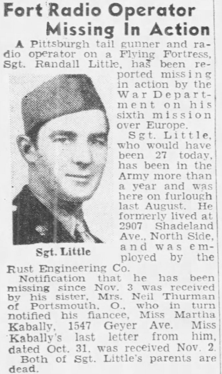 WW2Researcher's tweet image. Staff Sergeant Randall Little, of Pittsburgh, Pennsylvania, and the 368th Bomb Squadron, was MIA with his crew after a mid-air collision over the North Sea on November 3, 1943, 81 years ago today.
@WW2Researcher #POWMIA #368thBombSquadron @AFmuseum @Mighty8thMuseum @historicalpa