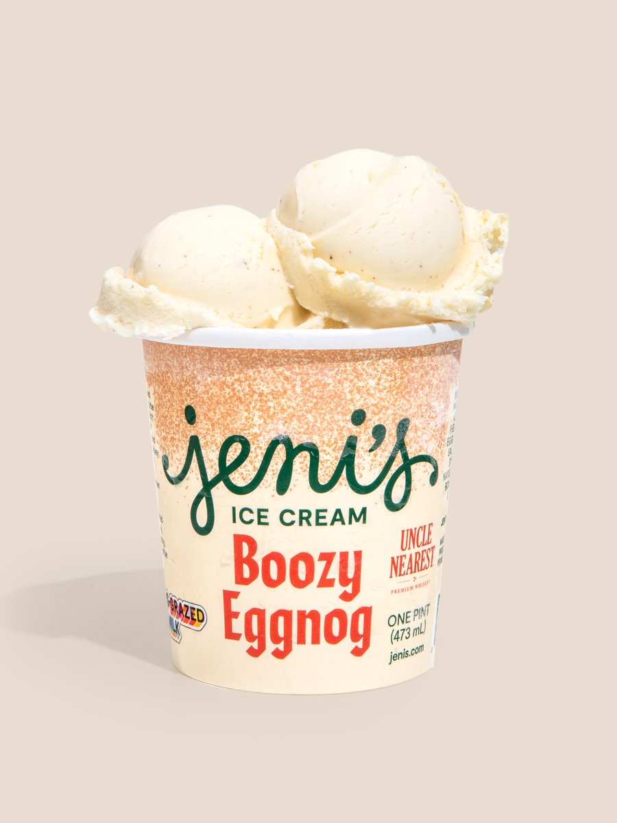 PINTS ONLY! Velvety egg custard scented with nutmeg and spiked with @unclenearest premium whiskey. 

Pints available for a limited time in scoop shops, local delivery via the Jeni’s app, and at jenis.com.