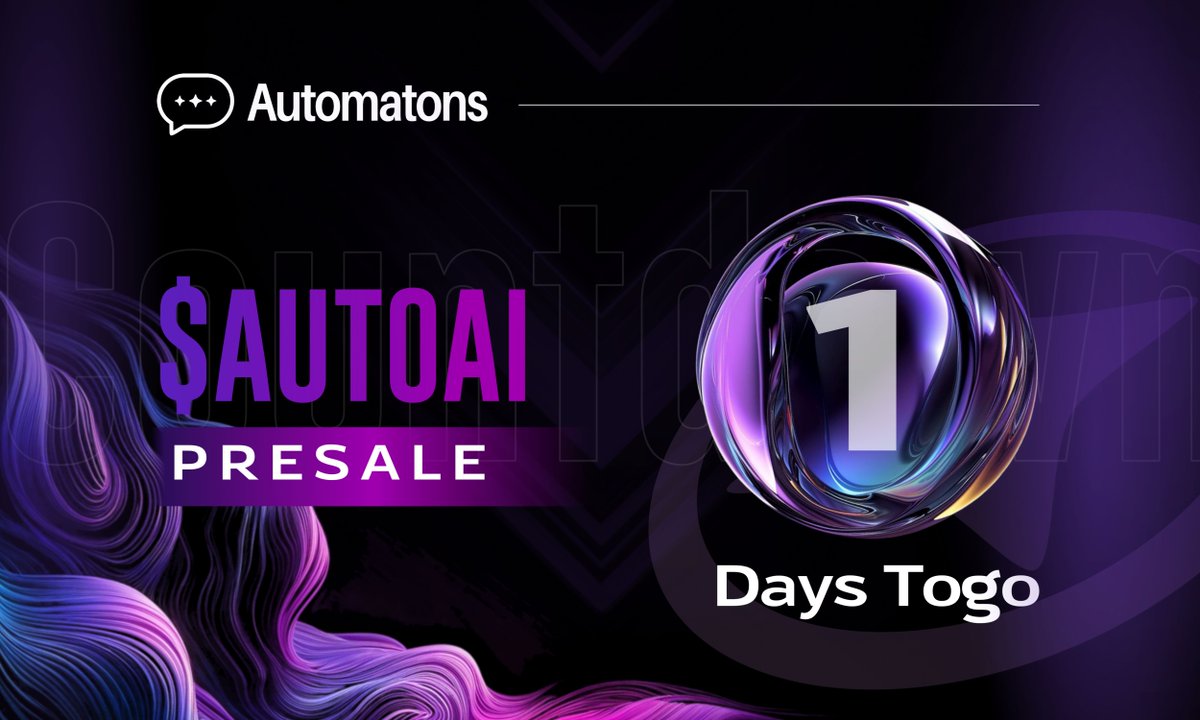 Tomorrow is the day. Our Automatons AI presale officially opens, and we’re ready to welcome early supporters! This presale is your first chance to take part in something game-changing. Clear your calendar, set your alarms—tomorrow it begins. 
#TokenPresale #CryptoCountdown