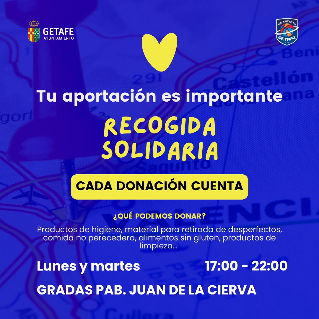 CB. GETAFE (@cbgetafe) on Twitter photo Estos días ha ocurrido una tragedia con motivo de la DANA y desde el club queremos ser partícipes en ayudar a todas aquellas personas que lo necesitan.
En colaboración con el <a href="/aytogetafe/">Ayuntamiento Getafe</a>, vamos a llevar a cabo una recogida solidaria para apoyar a los damnificados. Estos días ha ocurrido una tragedia con motivo de la DANA y desde el club queremos ser partícipes en ayudar a todas aquellas personas que lo necesitan.
En colaboración con el <a href="/aytogetafe/">Ayuntamiento Getafe</a>, vamos a llevar a cabo una recogida solidaria para apoyar a los damnificados.