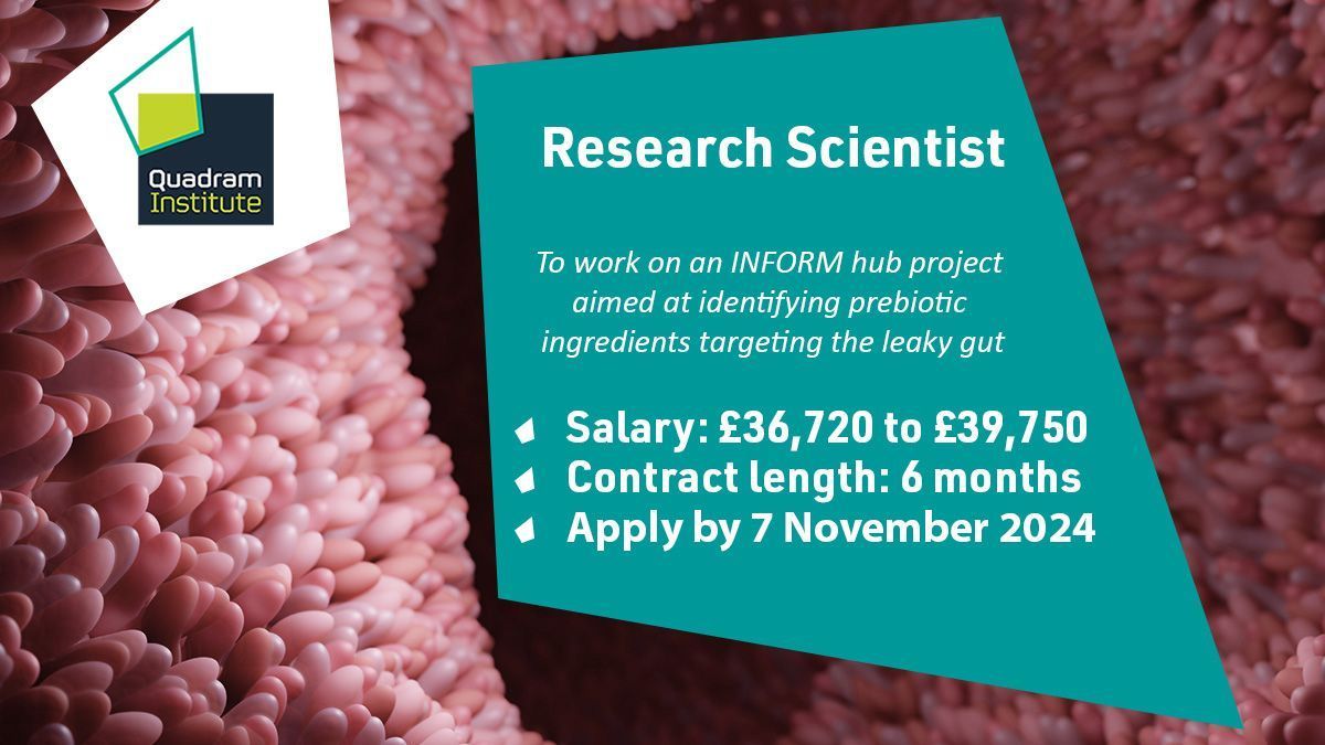 ⏰ Closing soon! We’re looking for a Research Scientist to join <a href="/JugeLab/">JugeLab</a> and work on an INFORM hub project aimed at identifying prebiotic ingredients targeting the leaky gut 🦠 

💷 £36,720 to £39,750 
🗓️ Apply by 7 November 2024
➡️ buff.ly/3U4ehgW