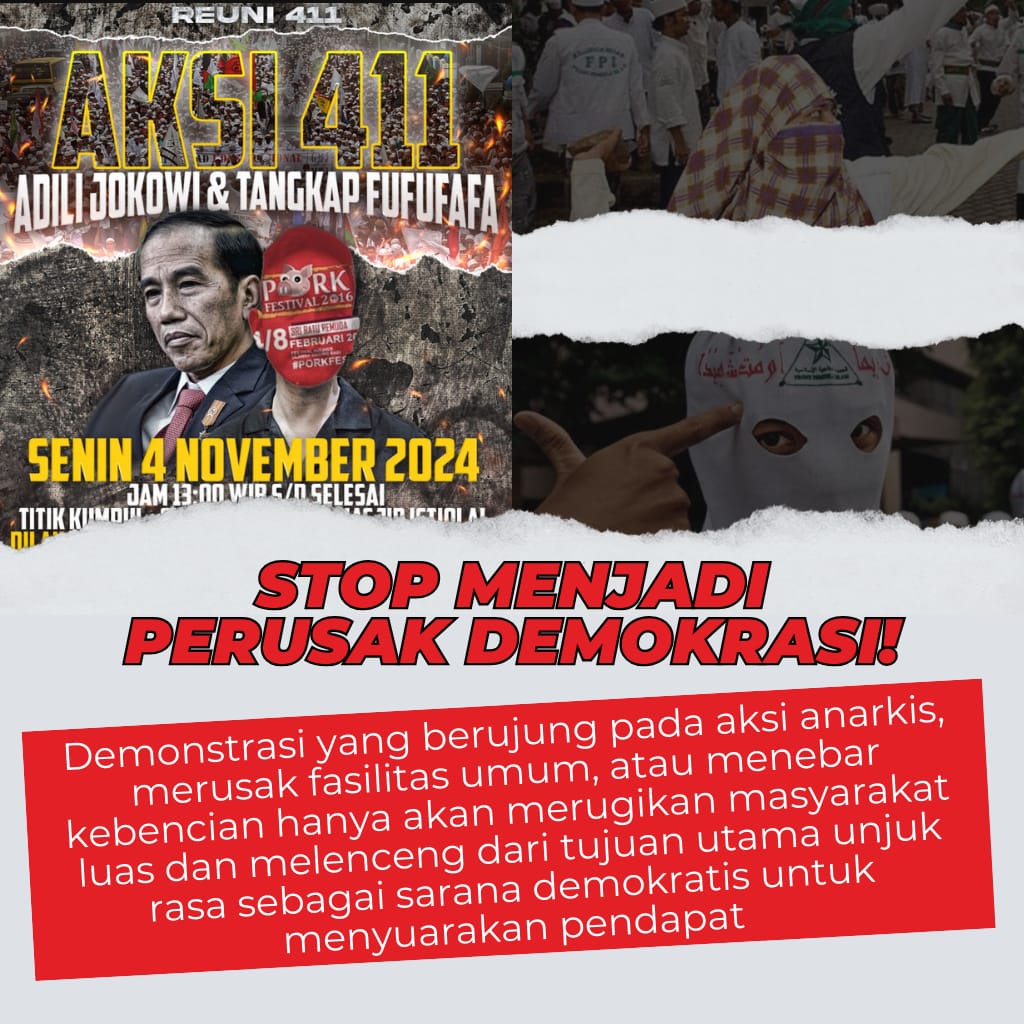 Jindanrini's tweet photo. Aksi 411 bukan cerminan suara rakyat! Jangan biarkan demokrasi kita dinodai aksi yang penuh provokasi. #JagaNkri #SaveNKRI https://t.co/KQRe6wywfO
