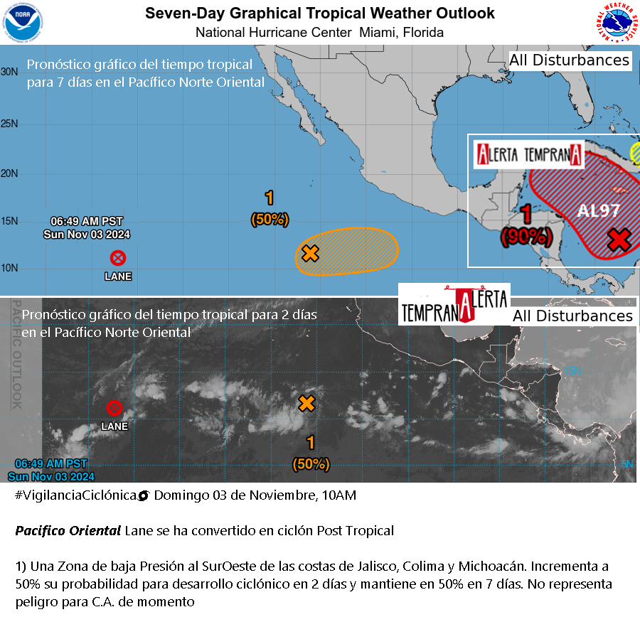 AlertaGt502's tweet photo. Vigilancia Ciclónica 🌀
Domingo 03 de Noviembre, 10AM
⚠️En vigilancia ciclones Post Tropical #Lane y Sub Tropical #Patty
ATENCIÓN a Disturbio Tropical #97L #AL97 con 90% probabilidad para desarrollo ciclónico en 7 días en Caribe
#ClimaGt #TraficoGt #LluviasGt
#Rafael
#CAG 🌀 https://t.co/W6rvumHygH