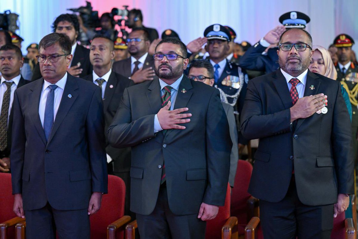 KeyolhuIbraahim's tweet photo. President Dr @MMuizzu and First Lady Madam Sajidha Mohamed attend the official ceremony to commemorate the Victory Day of the Maldives.

Victory Day is celebrated each year to honour the victory of @MNDF_Official against a terrorist attack on November 3, 1988. https://t.co/h6JiVK4e6Y