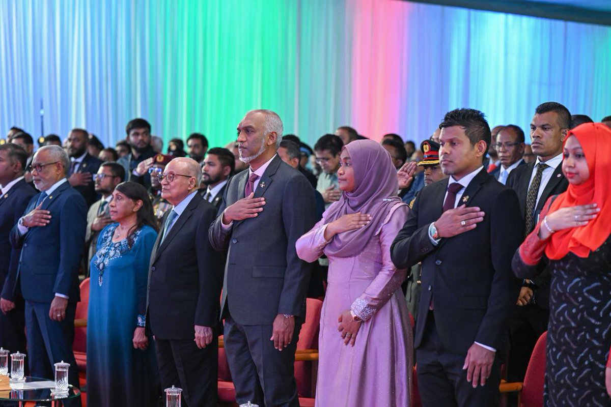 Haanteyy's tweet photo. President Dr @MMuizzu and First Lady Madam Sajidha Mohamed attend the official ceremony to commemorate the Victory Day of the Maldives.

Victory Day is celebrated each year to honour the victory of @MNDF_Official against a terrorist attack on November 3, 1988. https://t.co/JZPA4htAjf