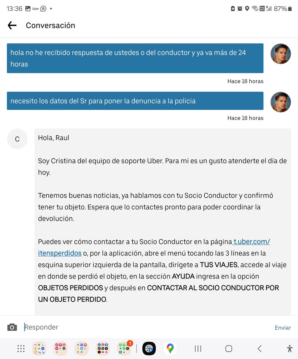 kike_zeron's tweet photo. @Uber_ARG @FranColapinto Ya el tercer día donde solo recibo mensajes automáticos que el conductor se va a comunicar conmigo y nada, pretenden cobrarme 7500 pesos para que me regresen la maleta que el conductor se llevó, habiéndole dicho que abriera el maletero cuando me bajé del auto https://t.co/4Yk4K46YTS
