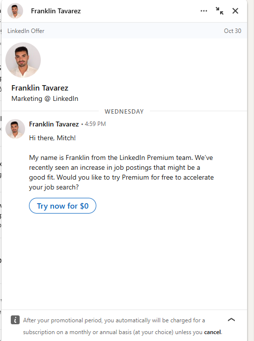 imakedotfun's tweet photo. @LinkedInMktg @LinkedIn This message spam upsell for premium is terrible for so many reasons. 
@
Spamming people already at a job with an upsell that disables most messaging functions is breaking the trust of your users. https://t.co/qHayh7AtA7