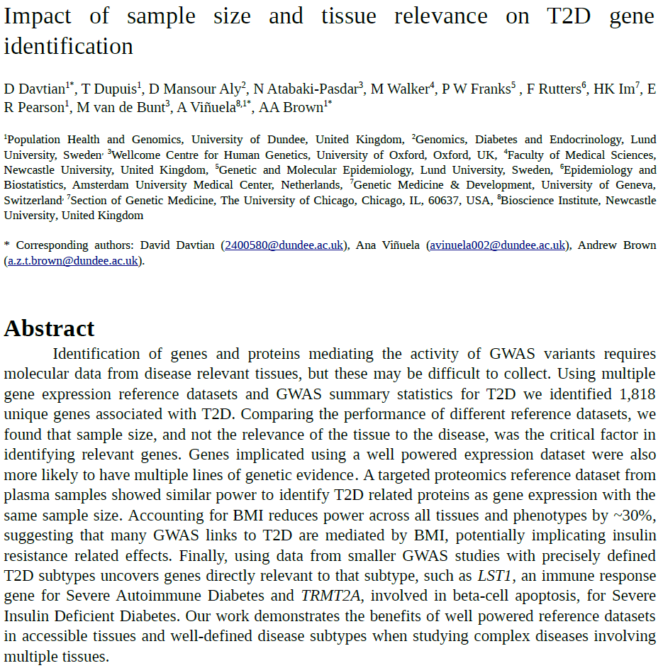 DavidDavtian1's tweet photo. I am very excited and proud to announce this preprint covering one part of the work done during my PhD! Impact of sample size and tissue relevance on Type 2 Diabetes gene identification. https://t.co/k1UoxNIOWp [Thread] https://t.co/VCtRbigciC