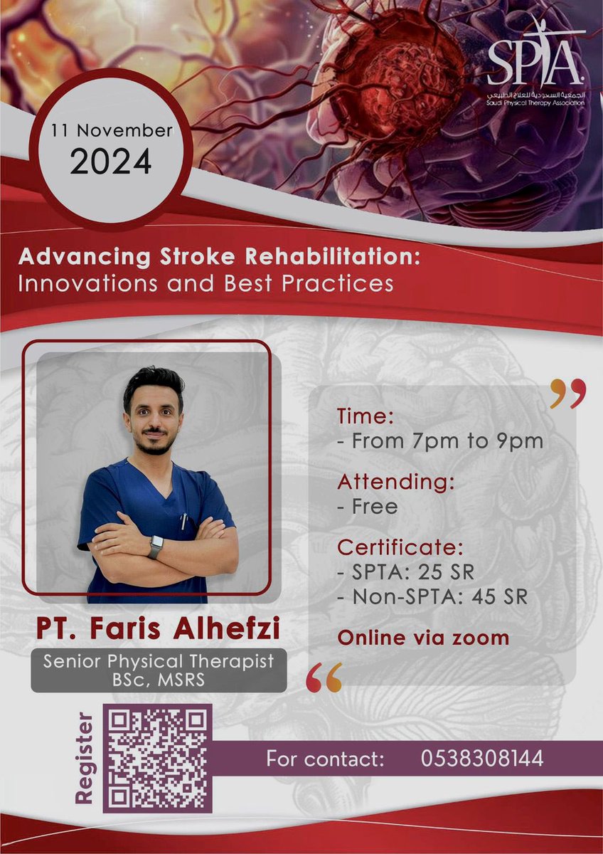 الجمعية السعودية للعلاج الطبيعي SPTA (@spta_media) on Twitter photo يسر الجمعية السعودية للعلاج الطبيعي #سبتا_عسير الاعلان عن دورتها
التدريبية ( عن بعد) بعنوان:
 Advancing Stroke Rehabilitation: Innovations and Best Practices
🗓️ الاثنين ١١ نوفمبر
🕘 ٧ مساءً   
#سبتا 
التفاصيل ورابط التسجيل 👇🏻 يسر الجمعية السعودية للعلاج الطبيعي #سبتا_عسير الاعلان عن دورتها
التدريبية ( عن بعد) بعنوان:
 Advancing Stroke Rehabilitation: Innovations and Best Practices
🗓️ الاثنين ١١ نوفمبر
🕘 ٧ مساءً   
#سبتا 
التفاصيل ورابط التسجيل 👇🏻
