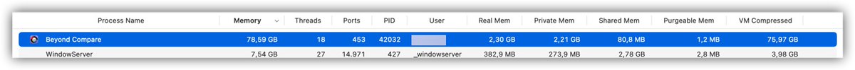 jjarava's tweet photo. @howardnoakley That's what's baffling -- the numbers I was getting didn't add up. I was looking at Beyond Compare 5 memory going "nuts" and I was seeing these kind of numbers... but I don't know how they add up to the "Memory" column 🤔 https://t.co/xOMupp4f5P