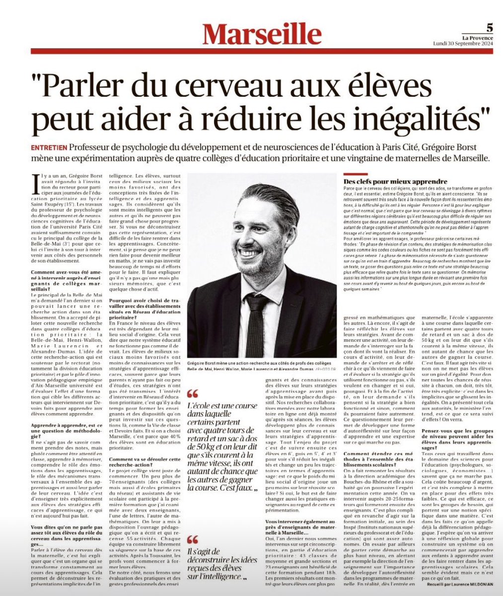 [Ecole &amp; apprendre à apprendre]
Grégoire Borst , professeur de psychologie du développement et de neurosciences de l’éducation à Paris Cité : « Parler du cerveau aux élèves peut aider à réduire les inégalités. »