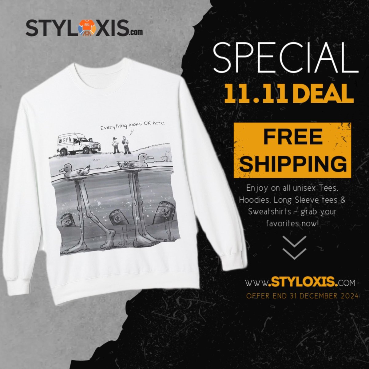 Styloxis_'s tweet photo. Look beyond the surface! 🦆 Our 'Everything Looks OK' sweatshirt is here. £35.99 at https://t.co/GEEKLF8vBo 
.
#Styloxis #HumorInFashion #Sweatshirt #WinterStyle #EverythingLooksOK https://t.co/cR1IiIJ6Ti